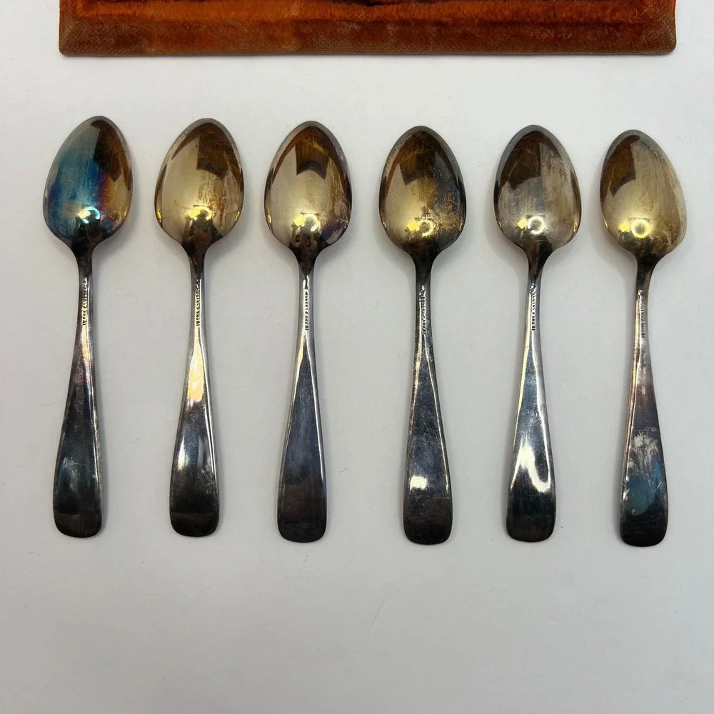 6 Pc Set 1886 Assyrian Head Silverplated Demi Spoons in Original Box Rogers Bros